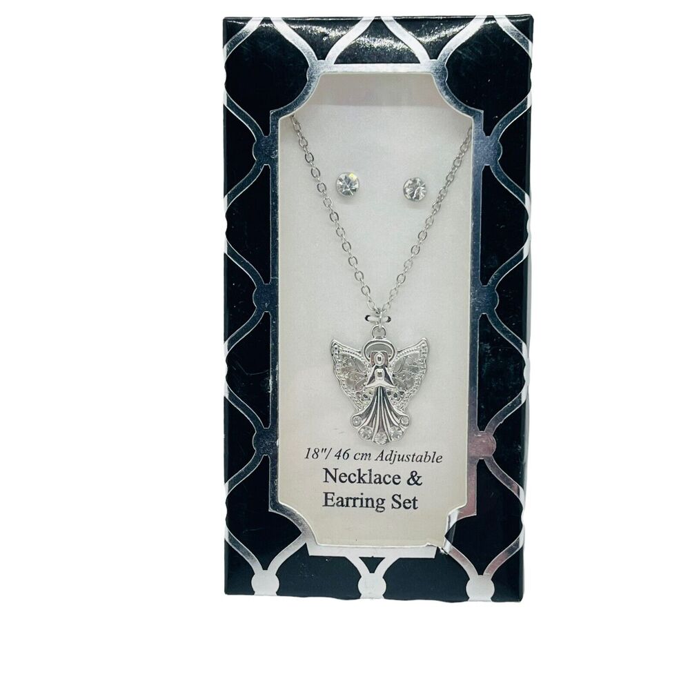 Angel Pendant Necklace With Stud Earrings Set Womens Silver Tone Belcher Chain